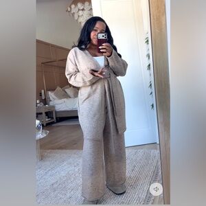 Vici Speckled Taupe Knit Belted Cardigan & Wide Leg Set